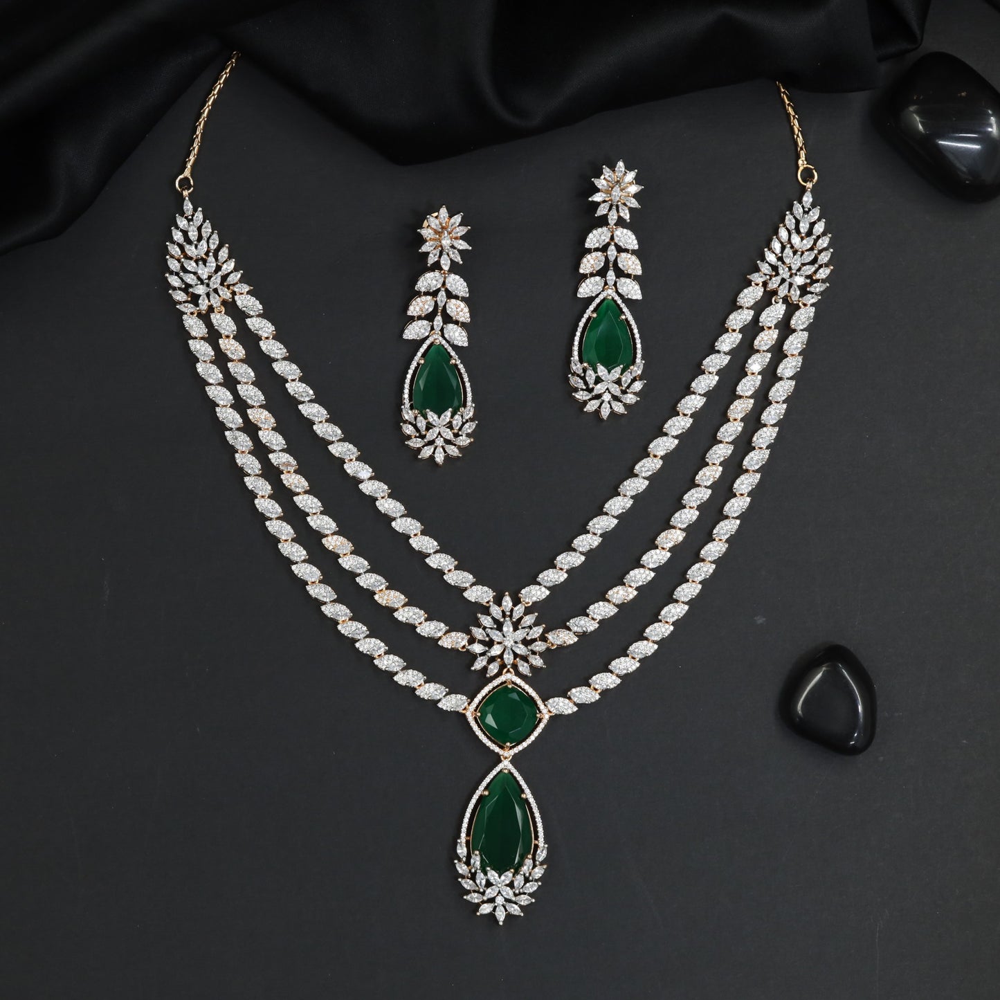Luxe Triple Strand GJ Necklace Set with Statement Pendant Drop