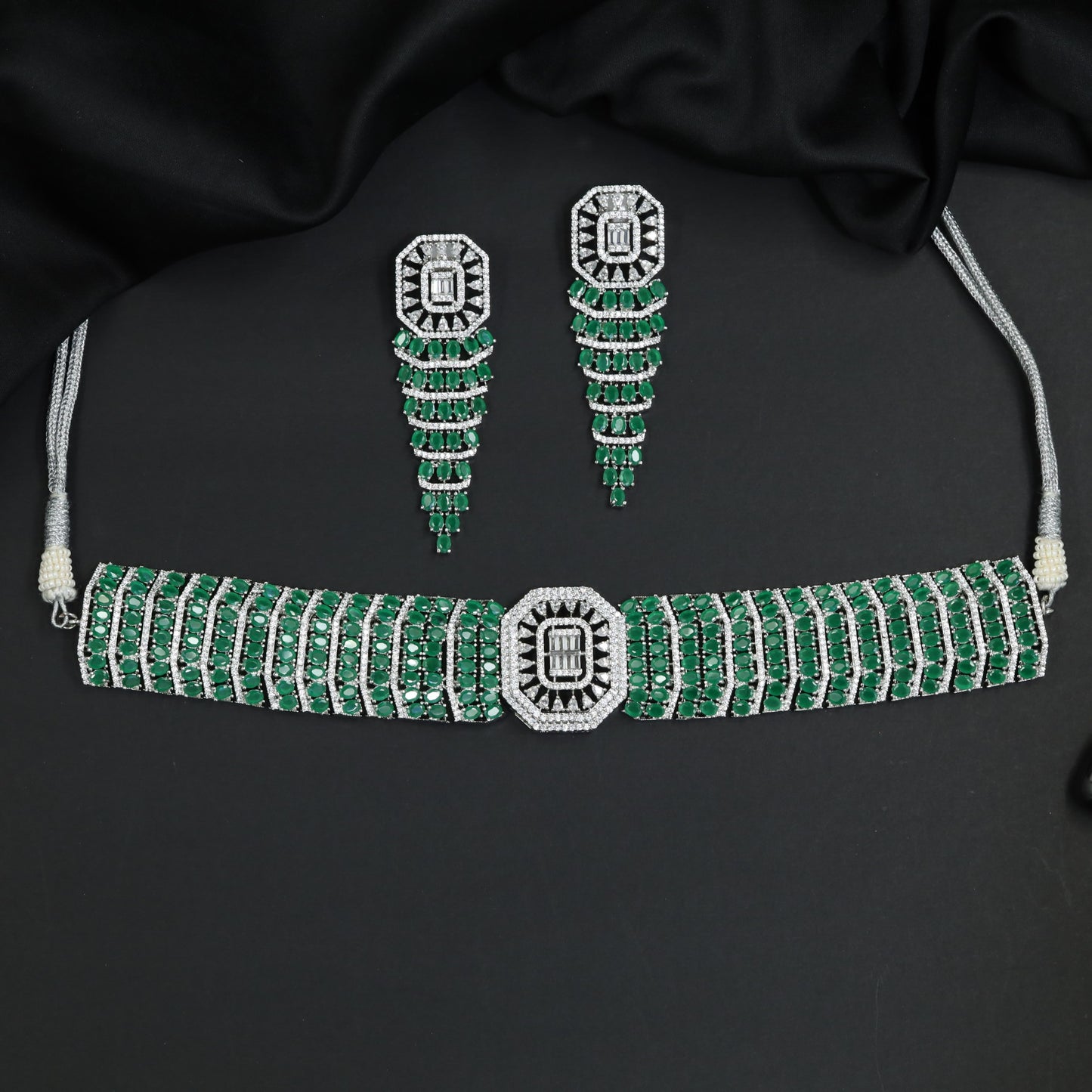 Designer Collar Rhodium Choker Set with Geometric Centre Medallion