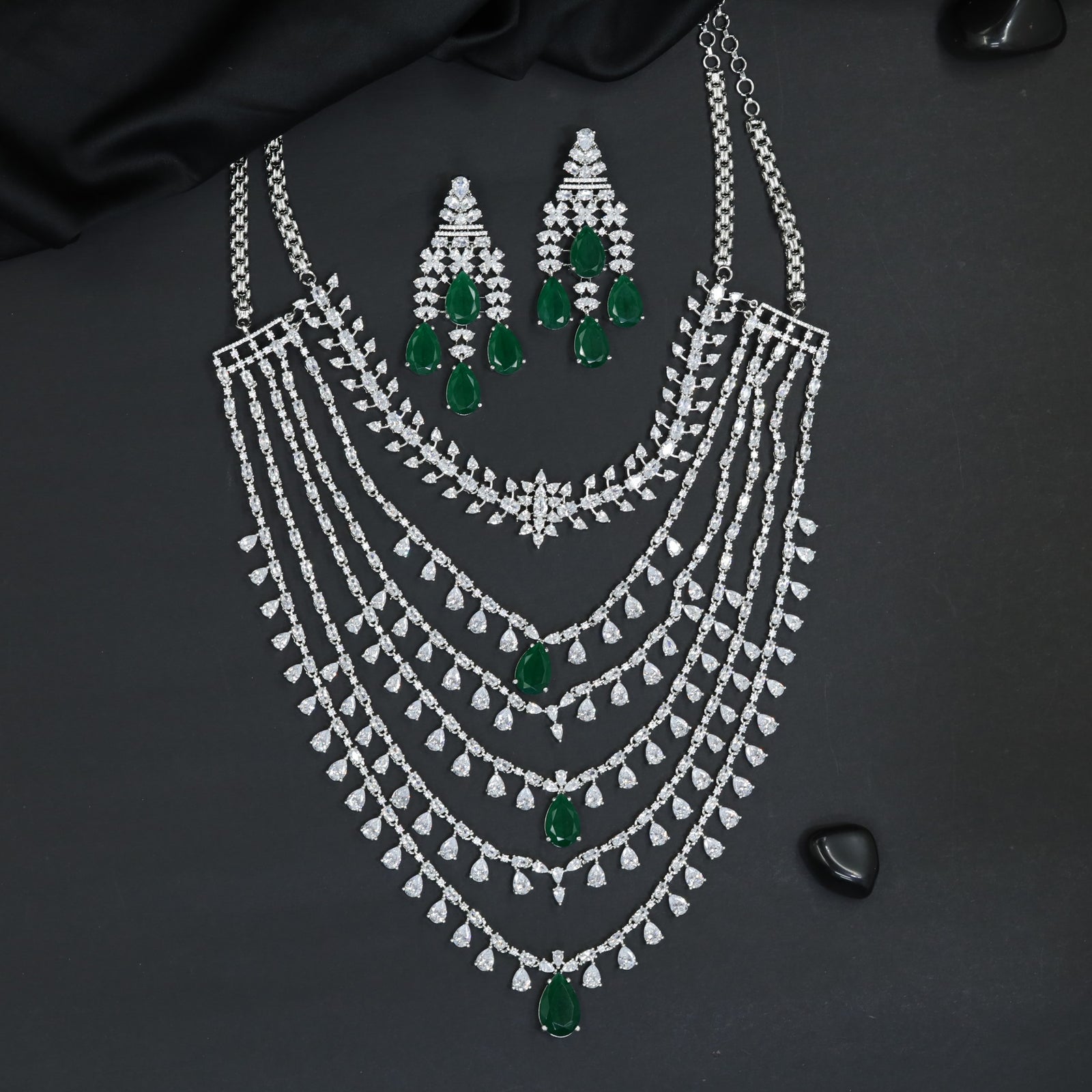 Premium Multi Layer Rhodium Long Haara with Statement Drop Elements