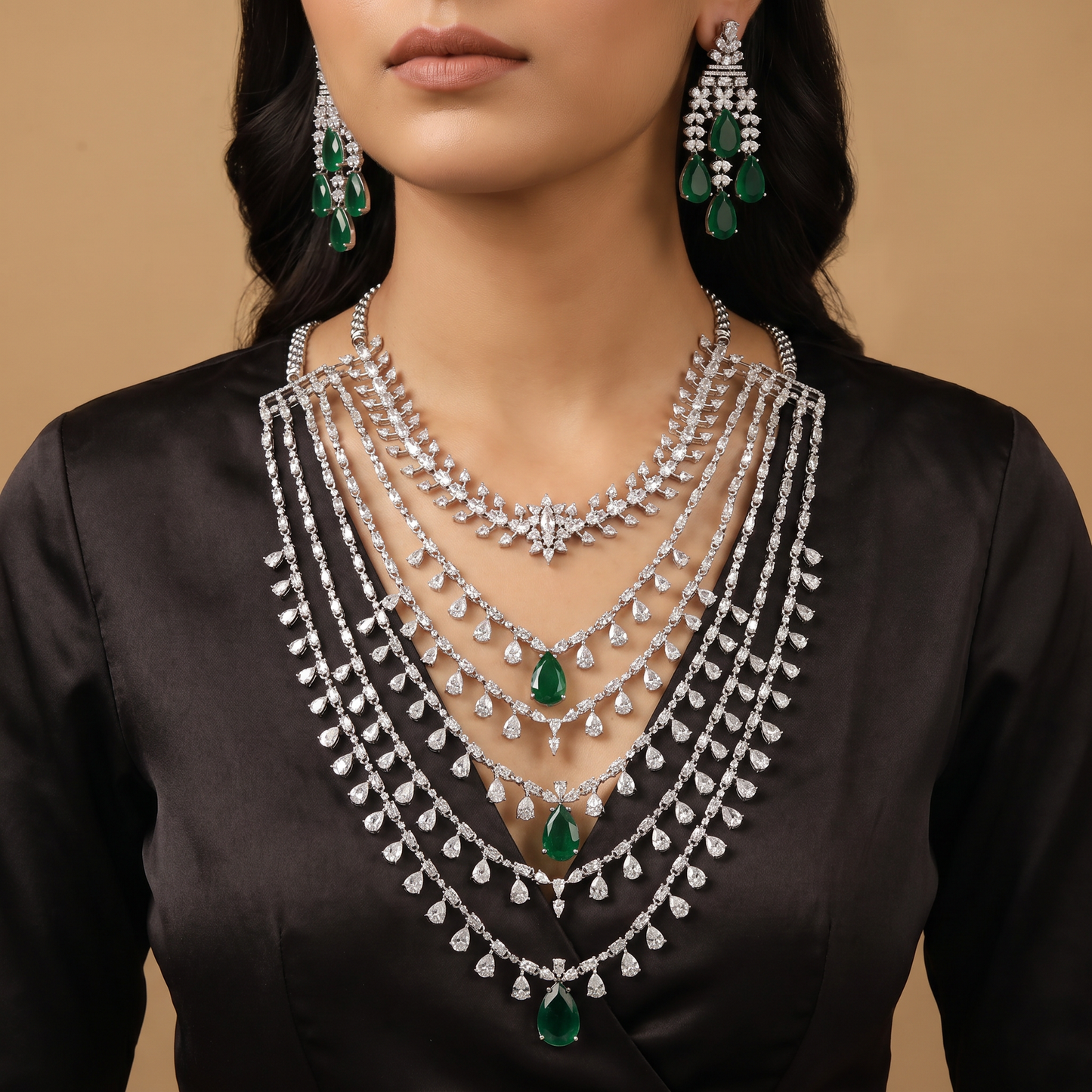 Premium Multi Layer Rhodium Long Haara with Statement Drop Elements