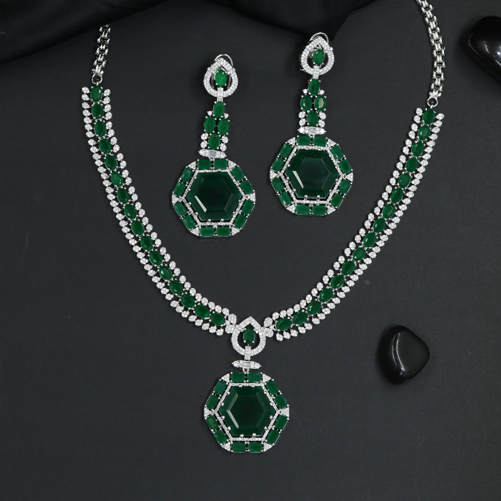 Chic Double Strand Rhodium Necklace Set with Open Frame Drops