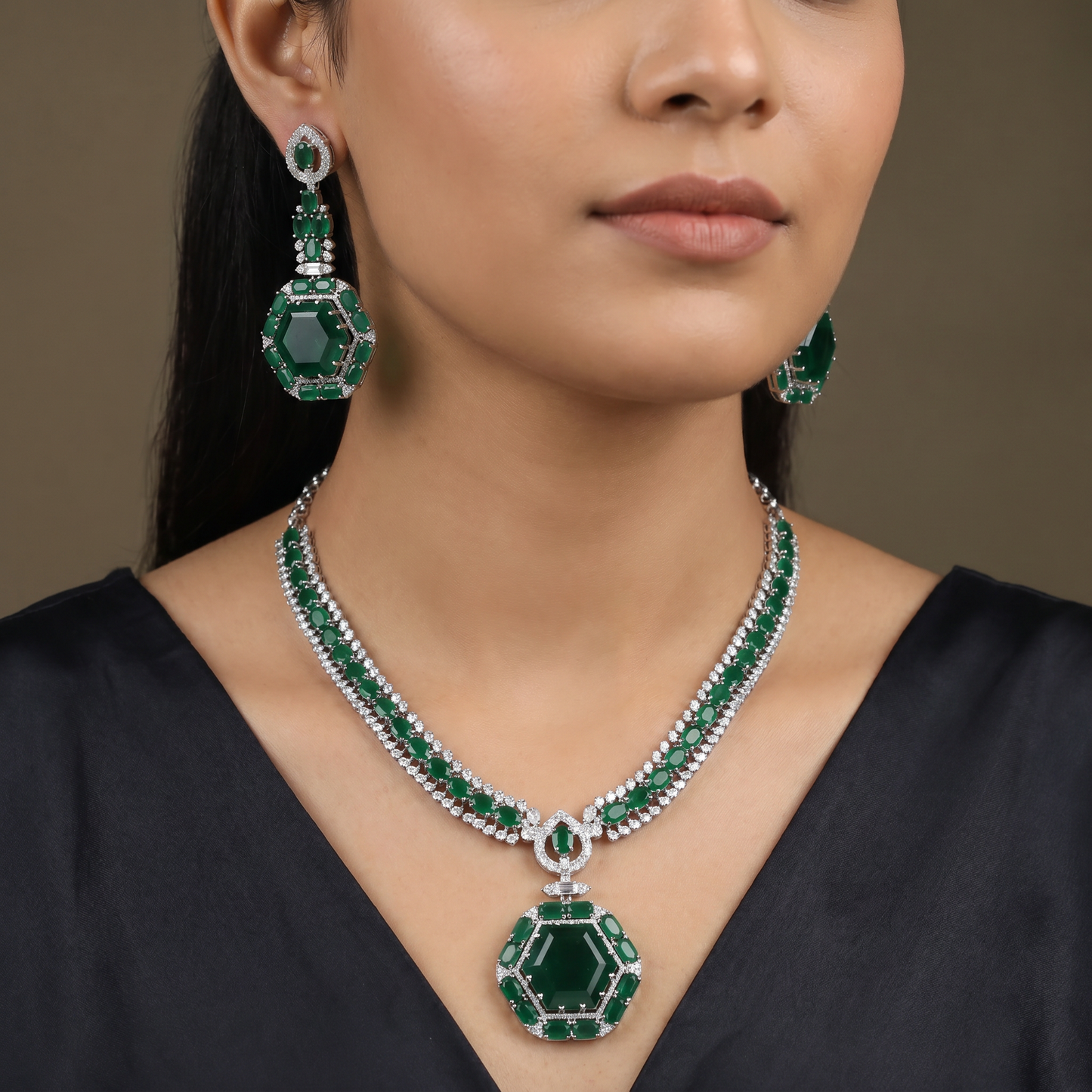 Chic Double Strand Rhodium Necklace Set with Open Frame Drops
