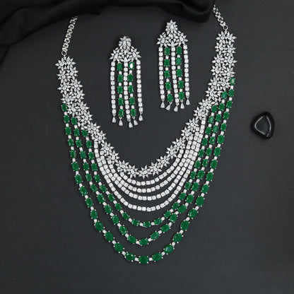 Sleek rhodium necklace showcasing structured cascade framework