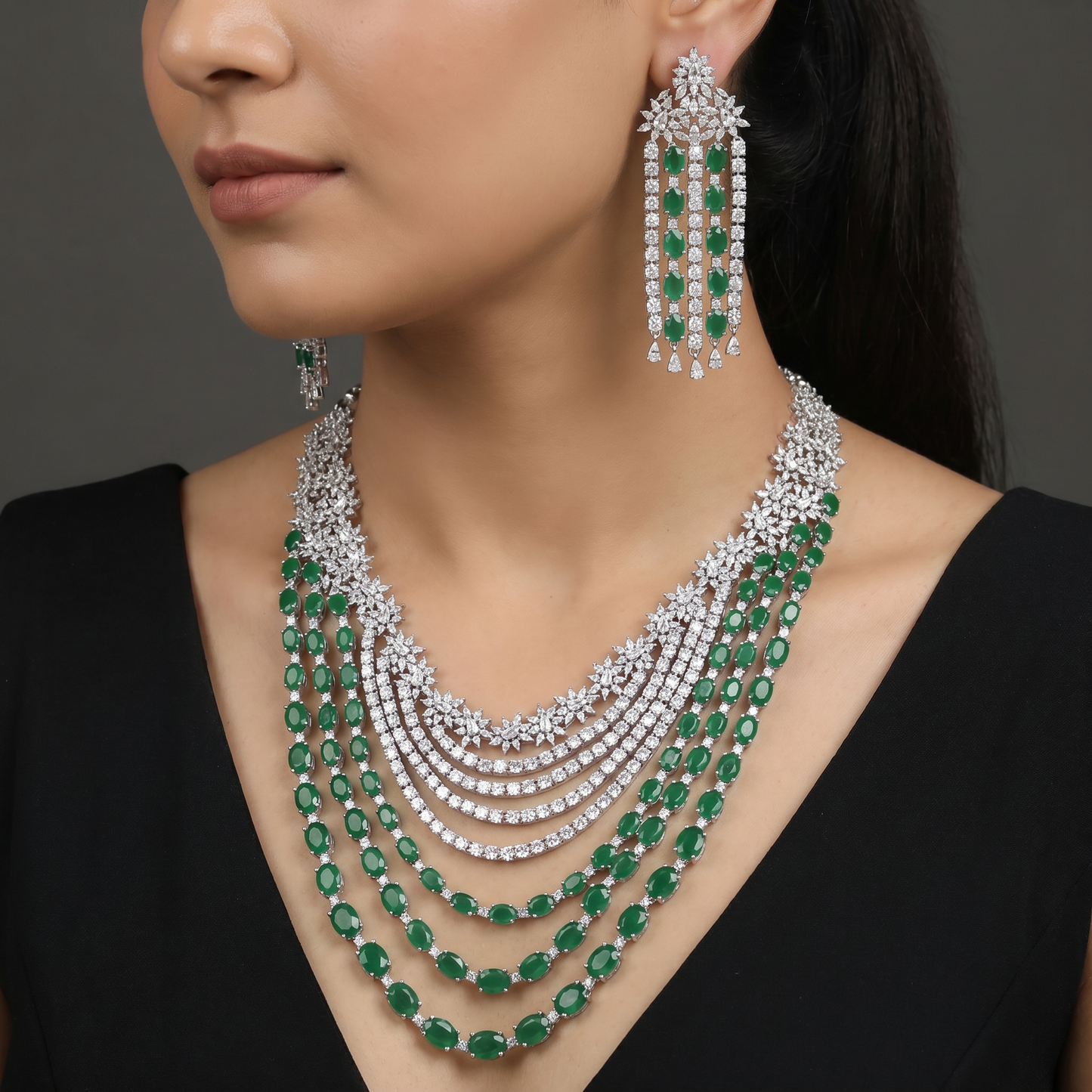 Sleek rhodium necklace showcasing structured cascade framework