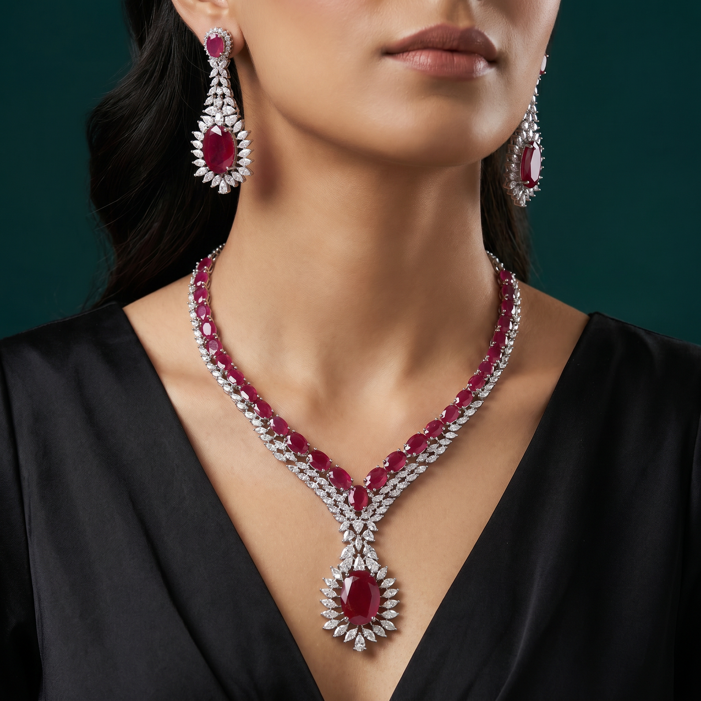 Signature rhodium necklace featuring couture gemstone artistry