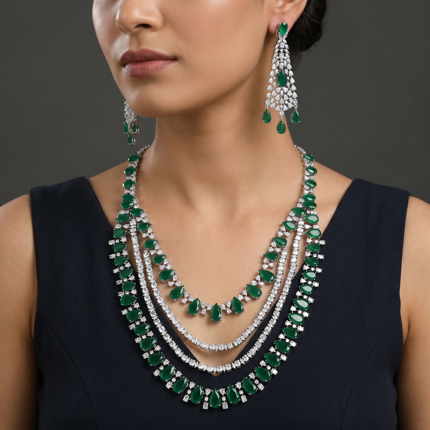 Iconic rhodium long haara with cascading tiered brilliance