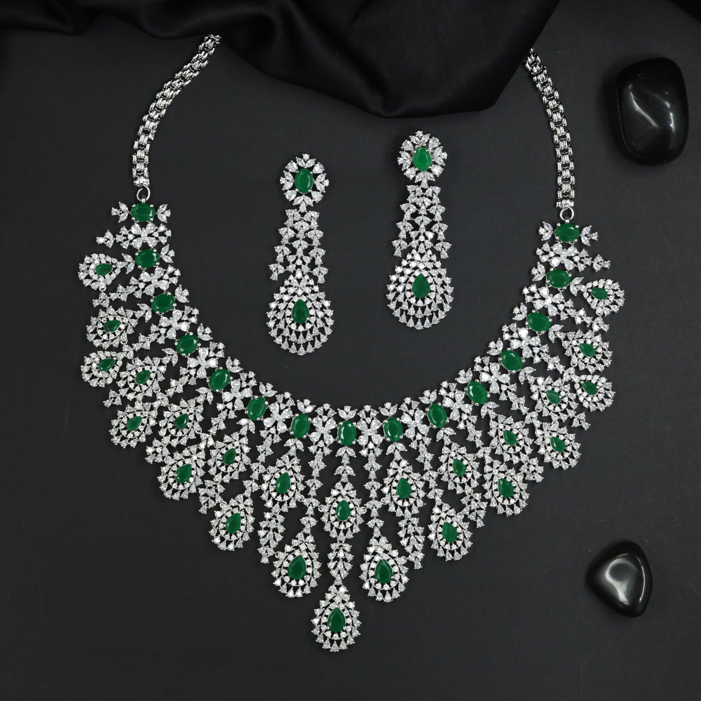 Statement Floral Vine Rhodium Necklace Set with Drop Medallions