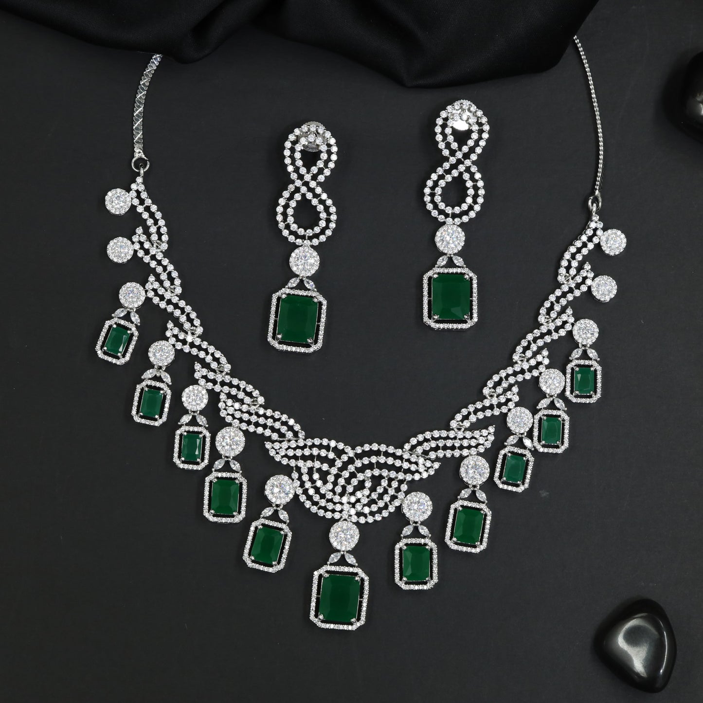 Fashion Forward Rhodium Necklace Set with Structured Charm Border