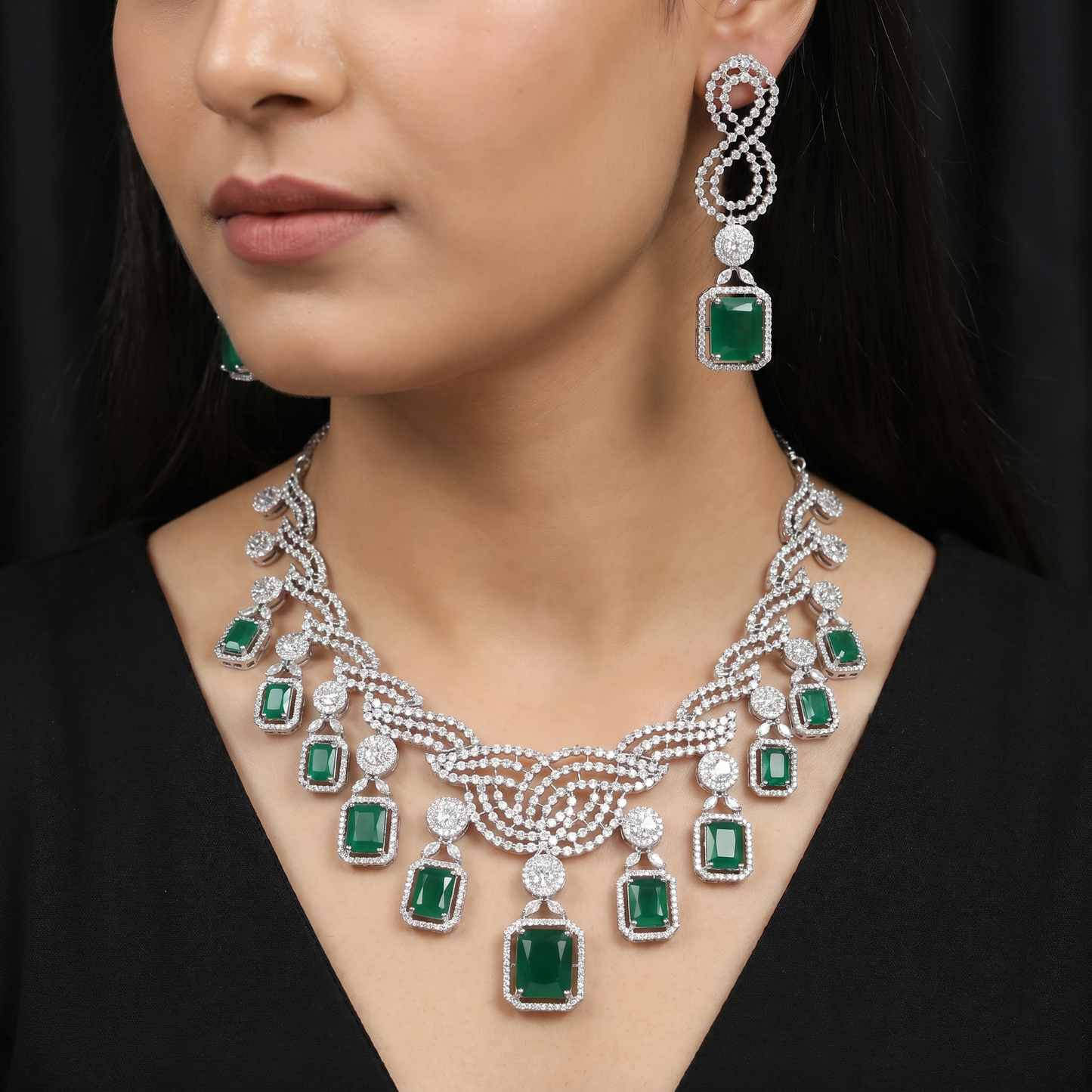 Fashion Forward Rhodium Necklace Set with Structured Charm Border