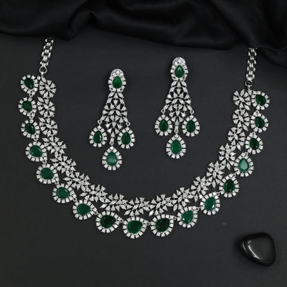 Bridal Rosette Rhodium Necklace Set with Scalloped Halo Border