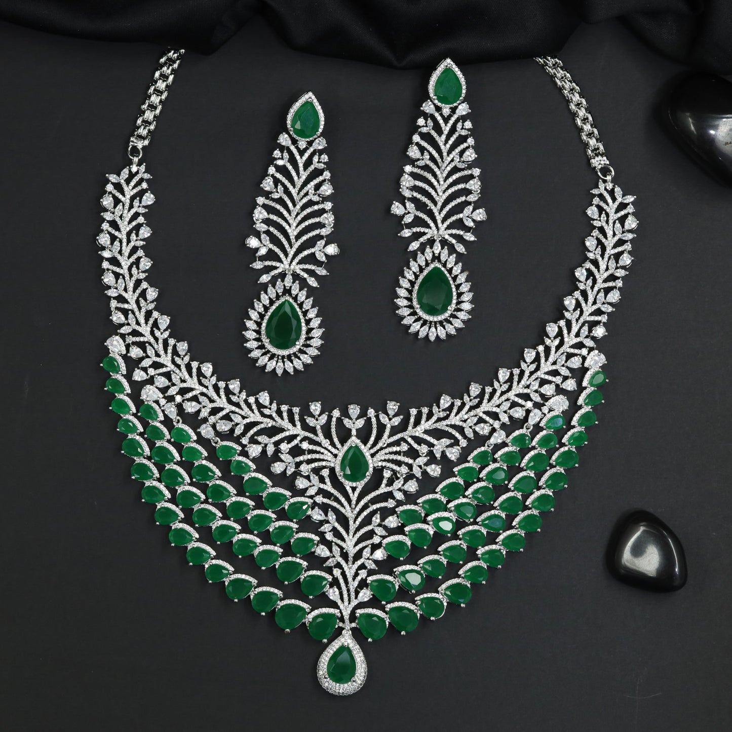 Luxe Feather Vine Rhodium Necklace Set with Statement Drop Earrings