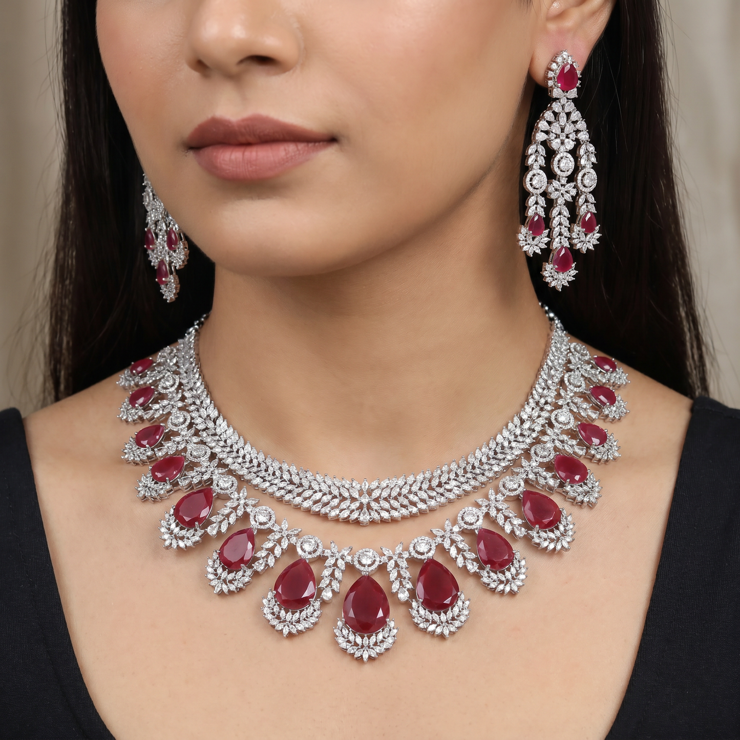 Modern Festoon Rhodium Necklace Set with Teardrop Charms
