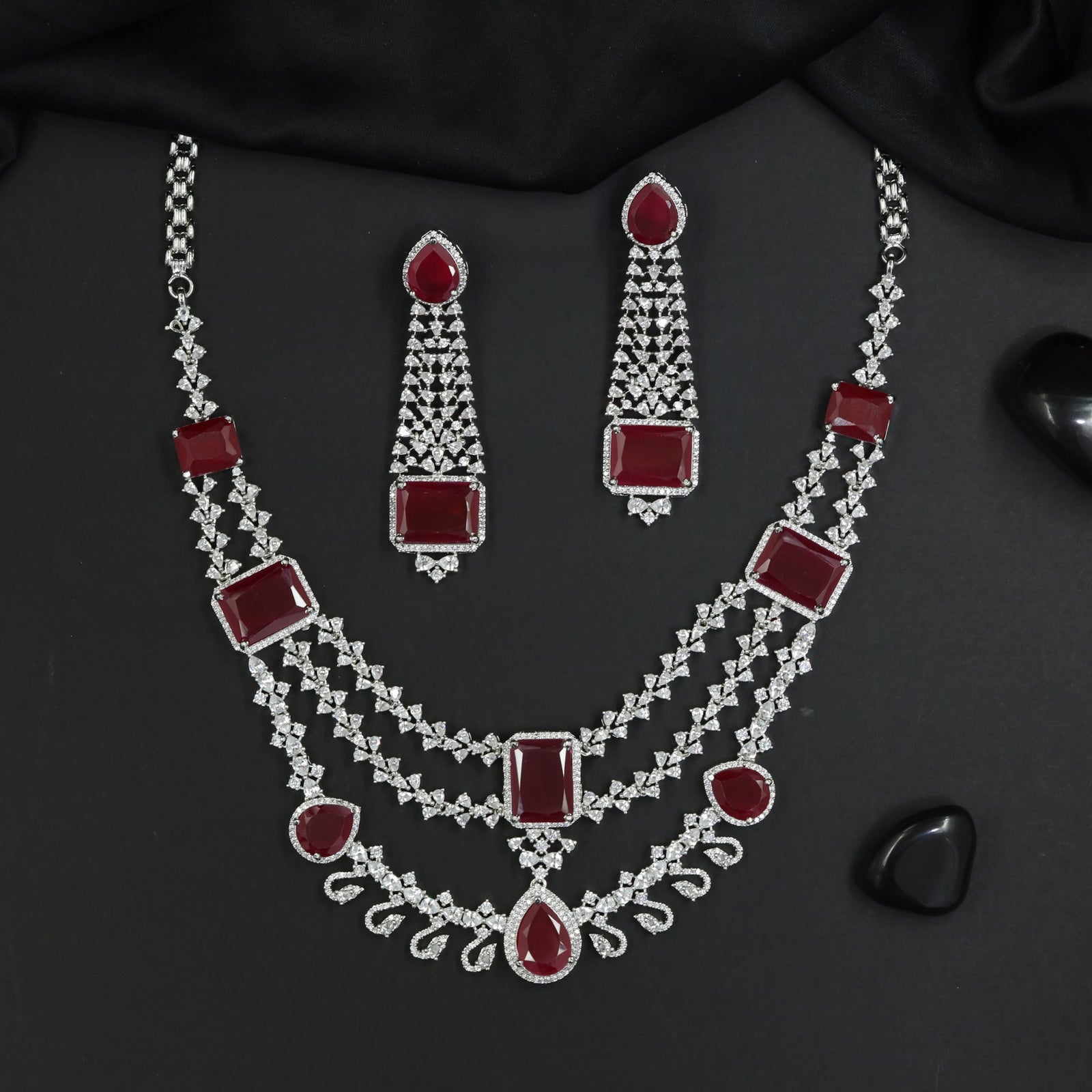 Designer Two Layer Rhodium Necklace Set with Teardrop Centrepiece