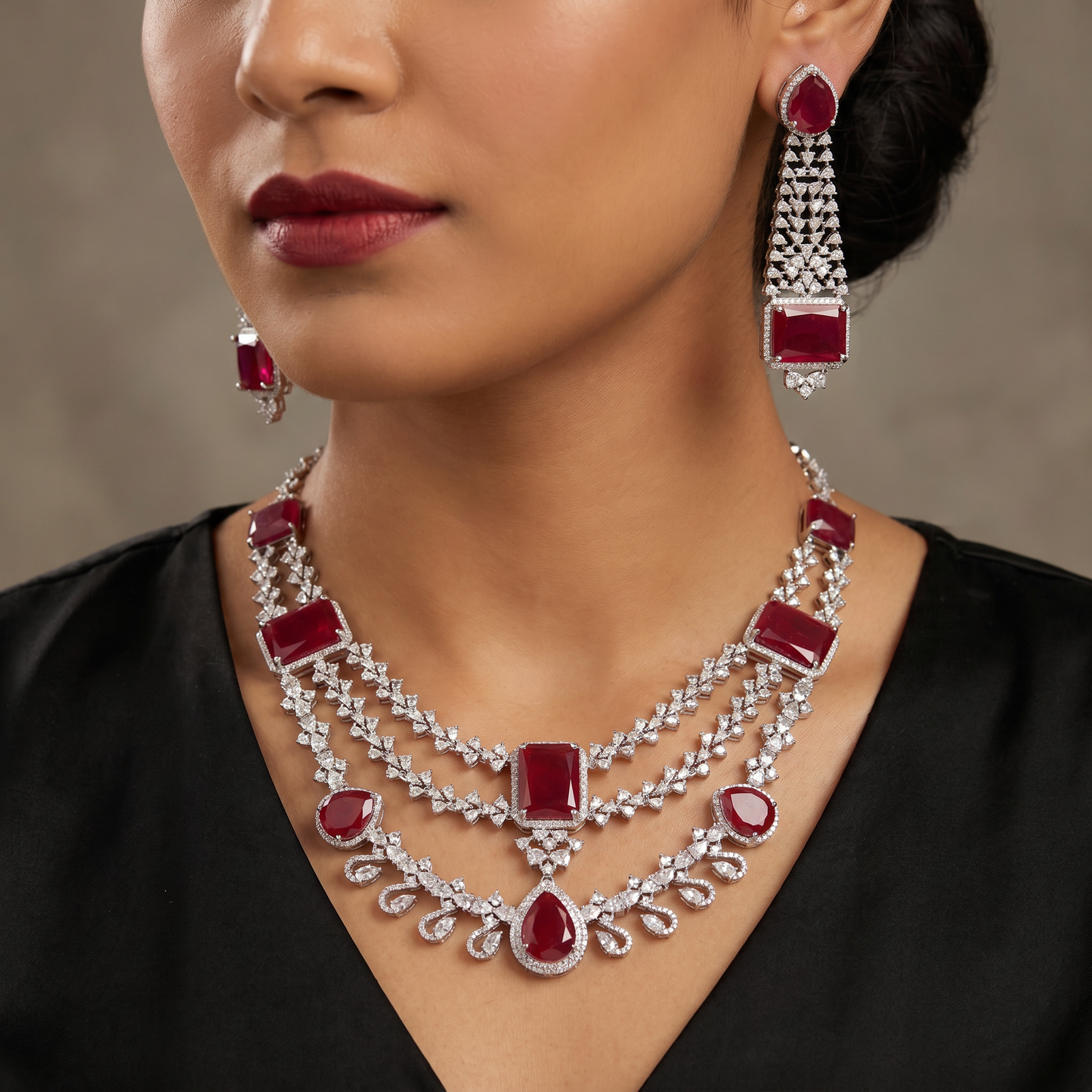 Designer Two Layer Rhodium Necklace Set with Teardrop Centrepiece