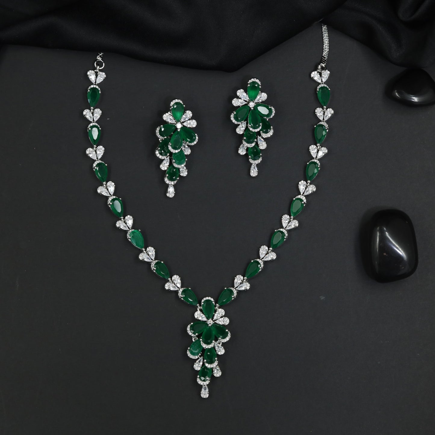 Graceful Bloom Rhodium Necklace Set with Coordinated Statement Earrings