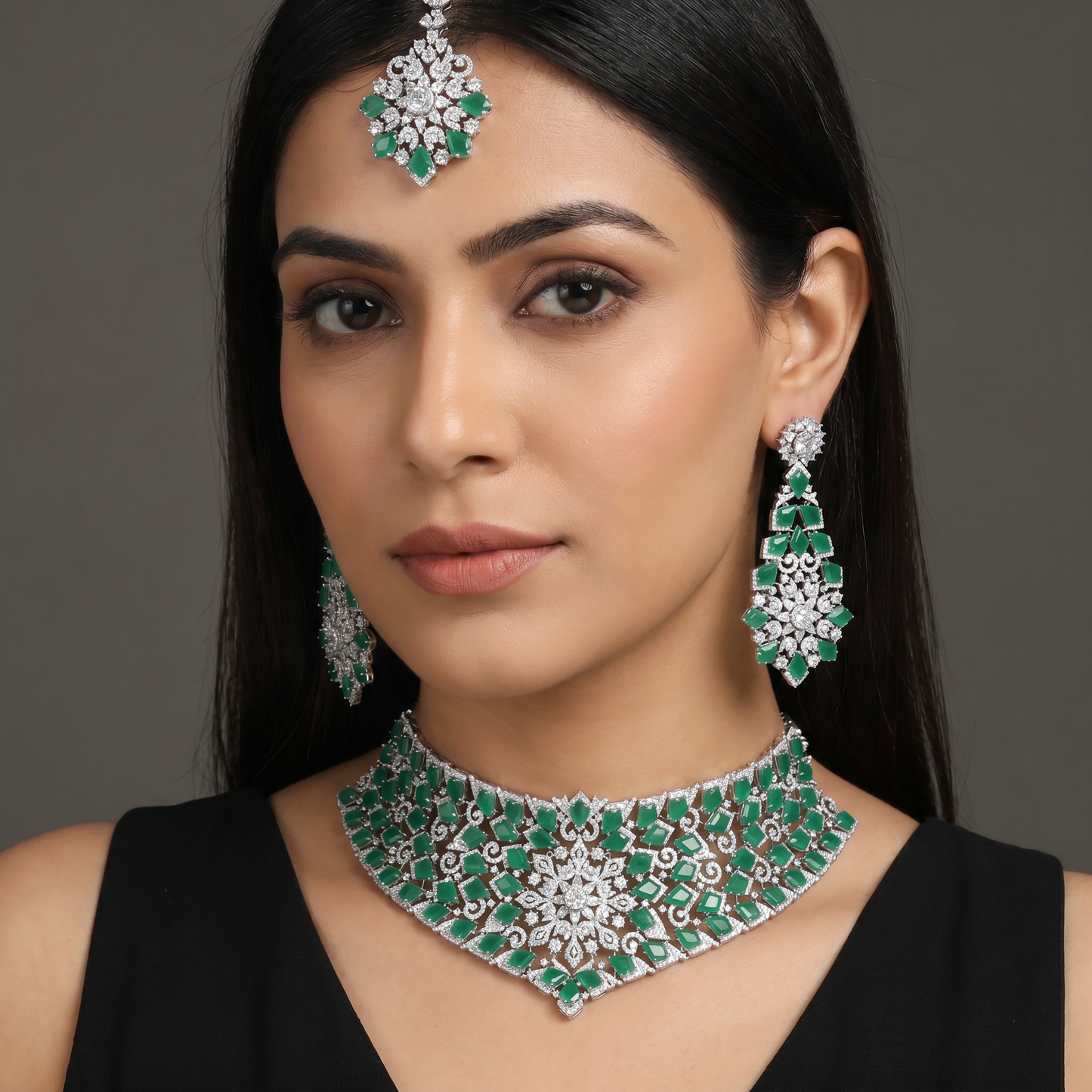 Bridal Rosette Rhodium Choker with Scalloped Floral Border