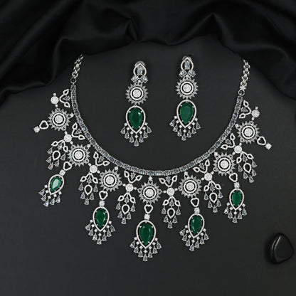 Floral Garland Rhodium Necklace Set with Pendant Drop Silhouette