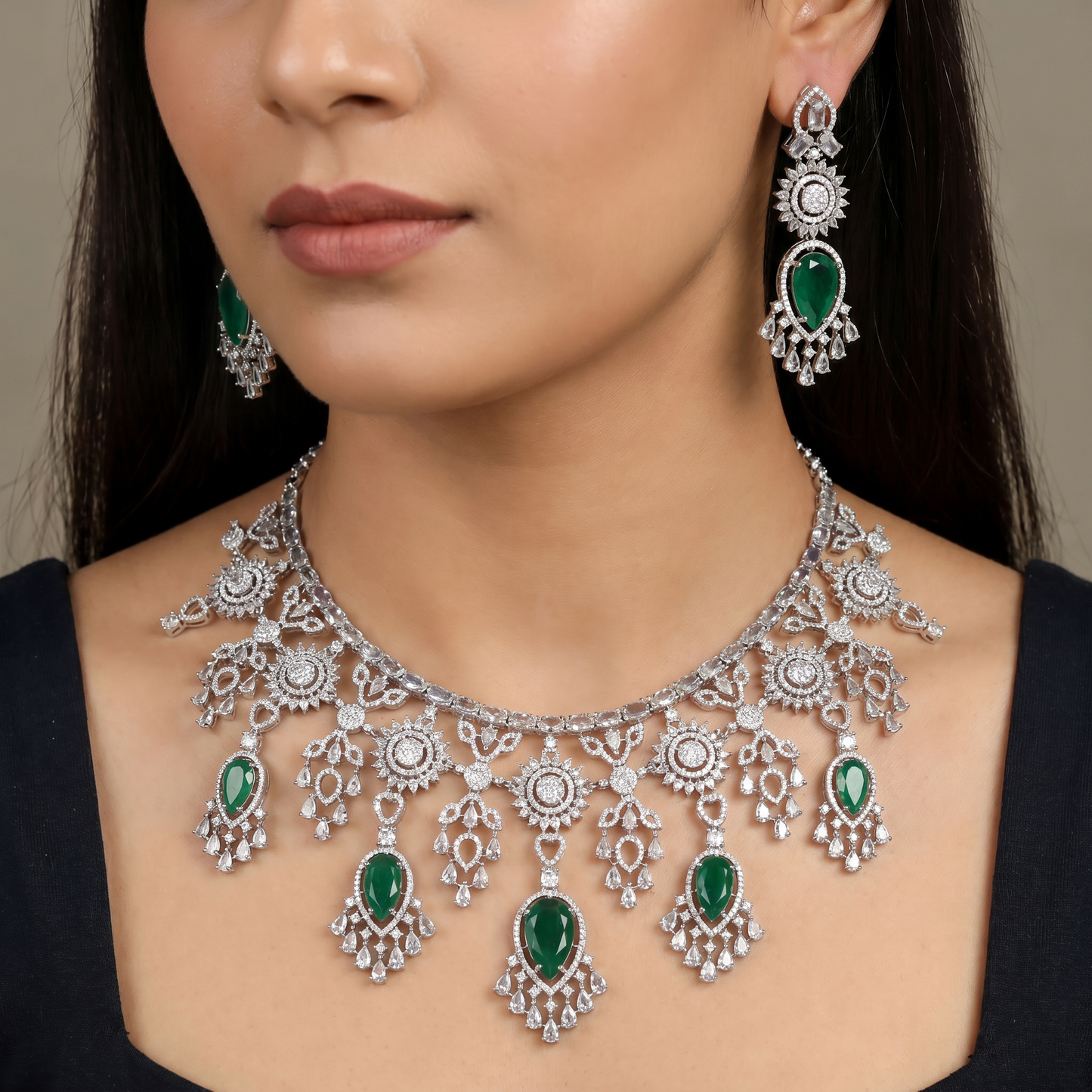 Floral Garland Rhodium Necklace Set with Pendant Drop Silhouette
