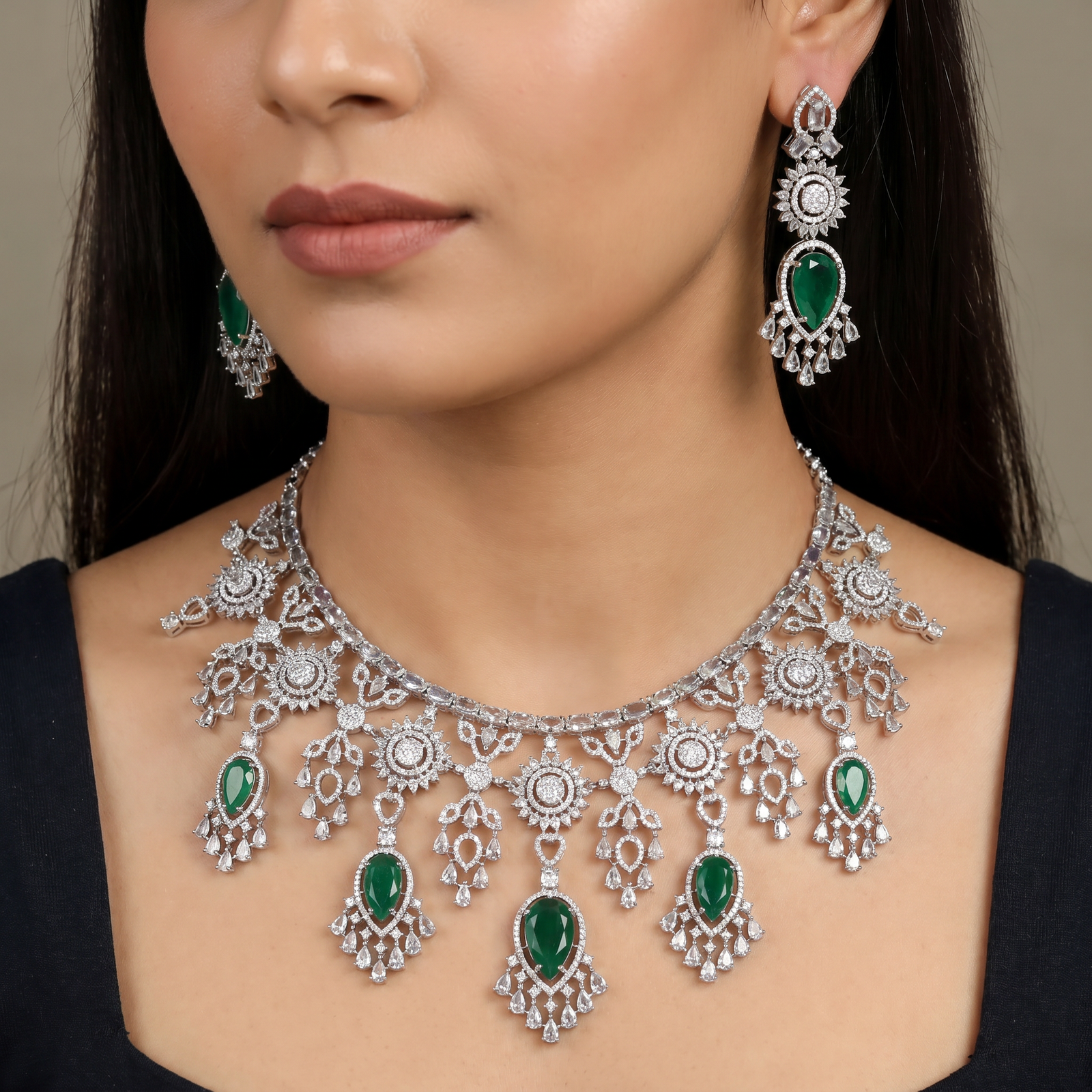 Floral Garland Rhodium Necklace Set with Pendant Drop Silhouette