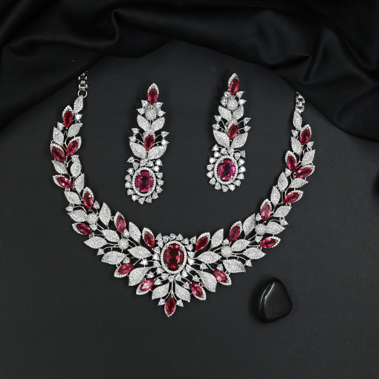 Statement Botanical Rhodium Necklace Set with Floral Arrangement Design