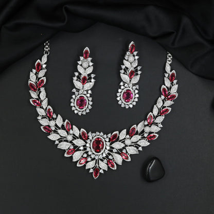Statement Botanical Rhodium Necklace Set with Floral Arrangement Design