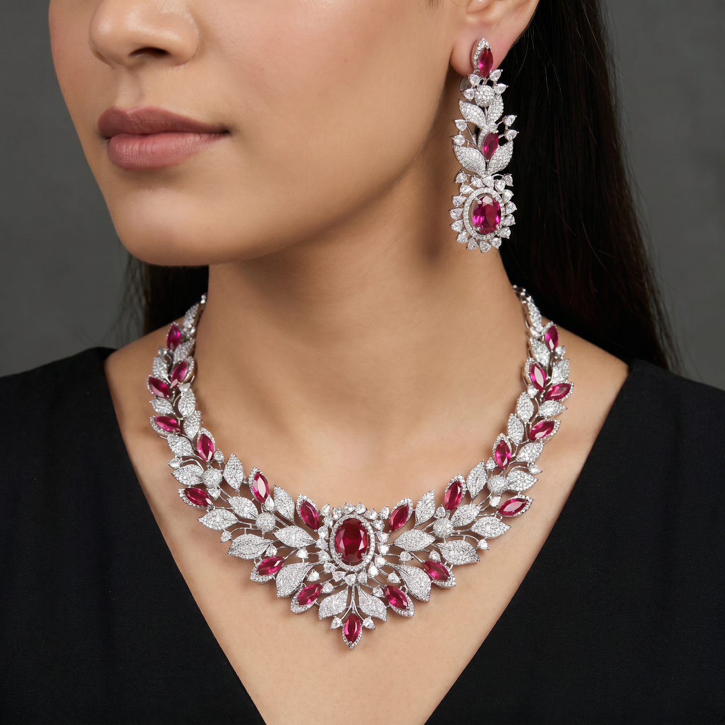 Statement Botanical Rhodium Necklace Set with Floral Arrangement Design