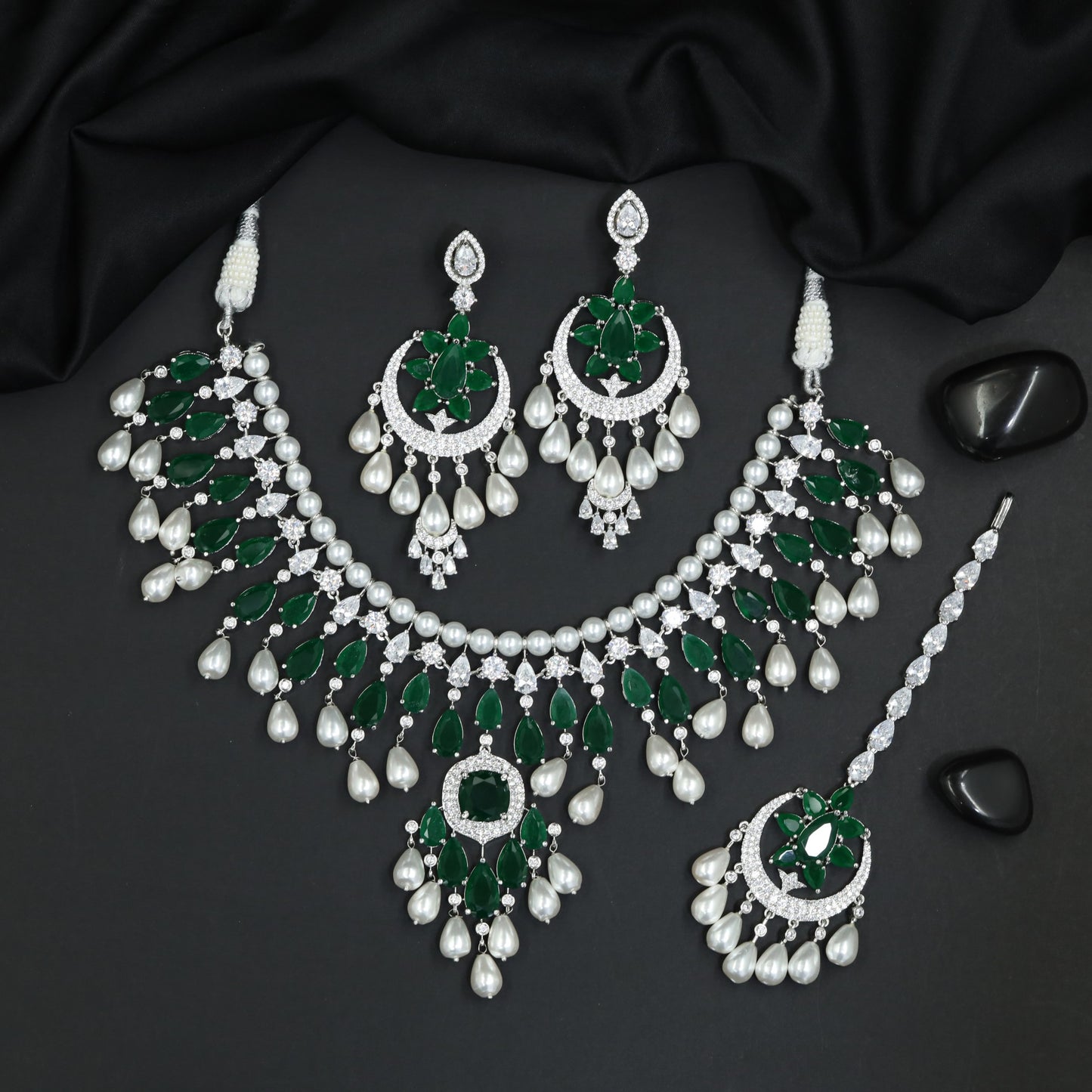 Pearl Fringe Collar Rhodium Necklace Set with Chandbali Earrings and Pendant Drop
