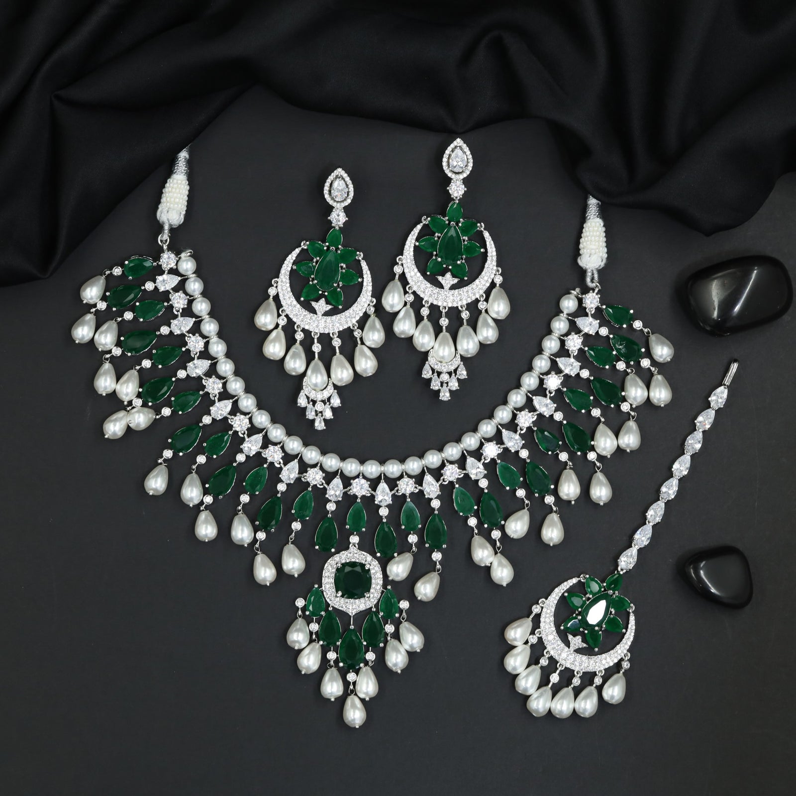 Pearl Fringe Collar Rhodium Necklace Set with Chandbali Earrings and Pendant Drop