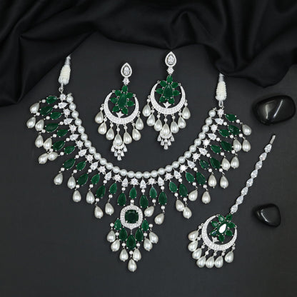 Pearl Fringe Collar Rhodium Necklace Set with Chandbali Earrings and Pendant Drop