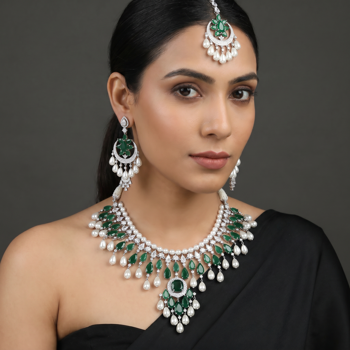 Pearl Fringe Collar Rhodium Necklace Set with Chandbali Earrings and Pendant Drop