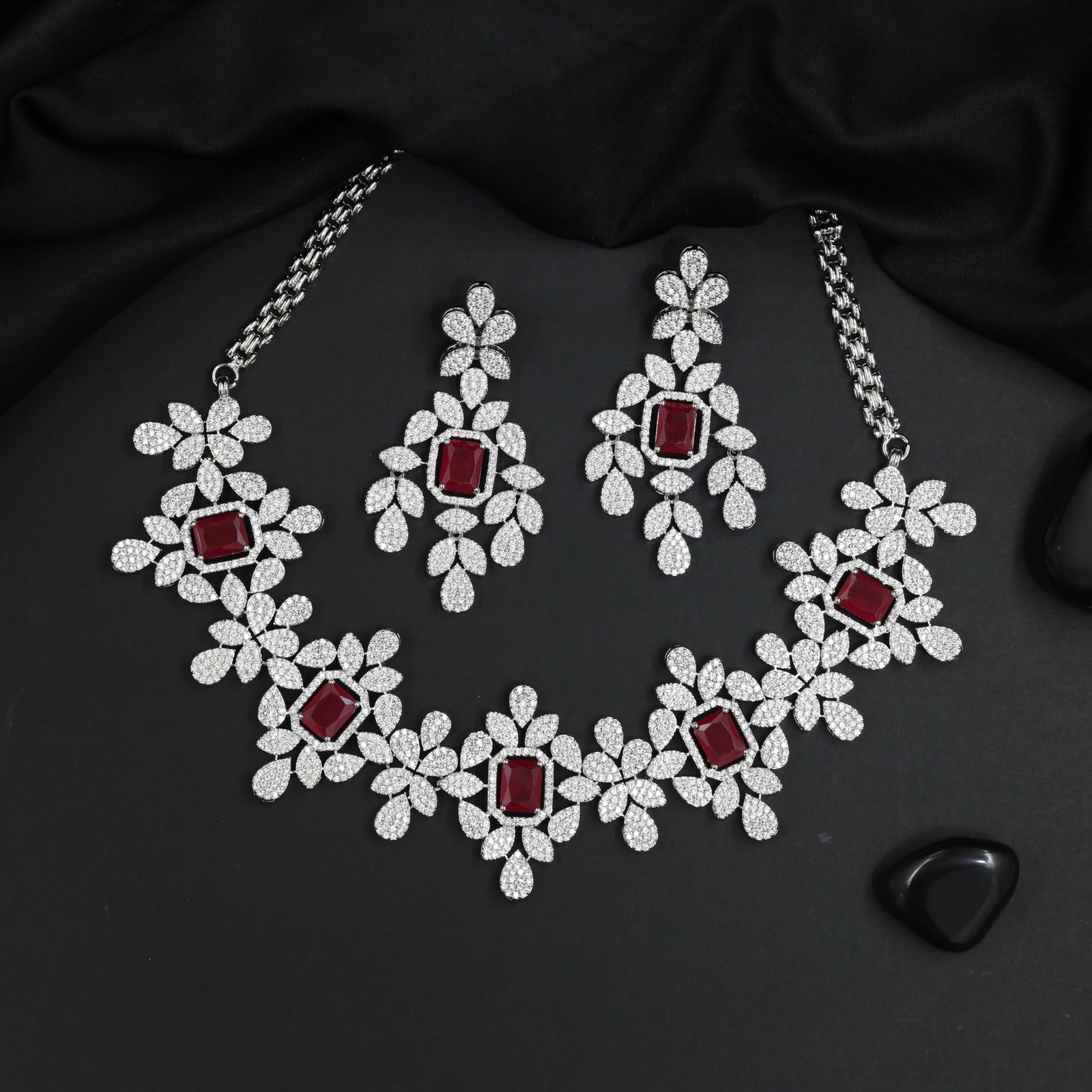 Statement Floral Rhodium Necklace Set with Blossom Detailing
