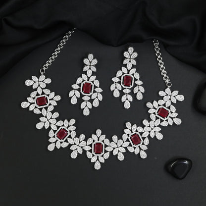 Statement Floral Rhodium Necklace Set with Blossom Detailing