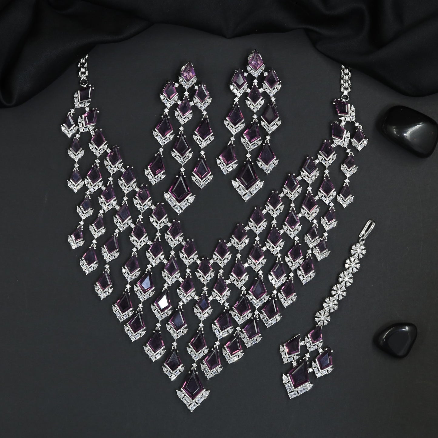 Chevron Style Rhodium Necklace Set with Statement Design