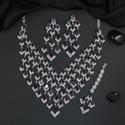 Chevron Style Rhodium Necklace Set with Statement Design