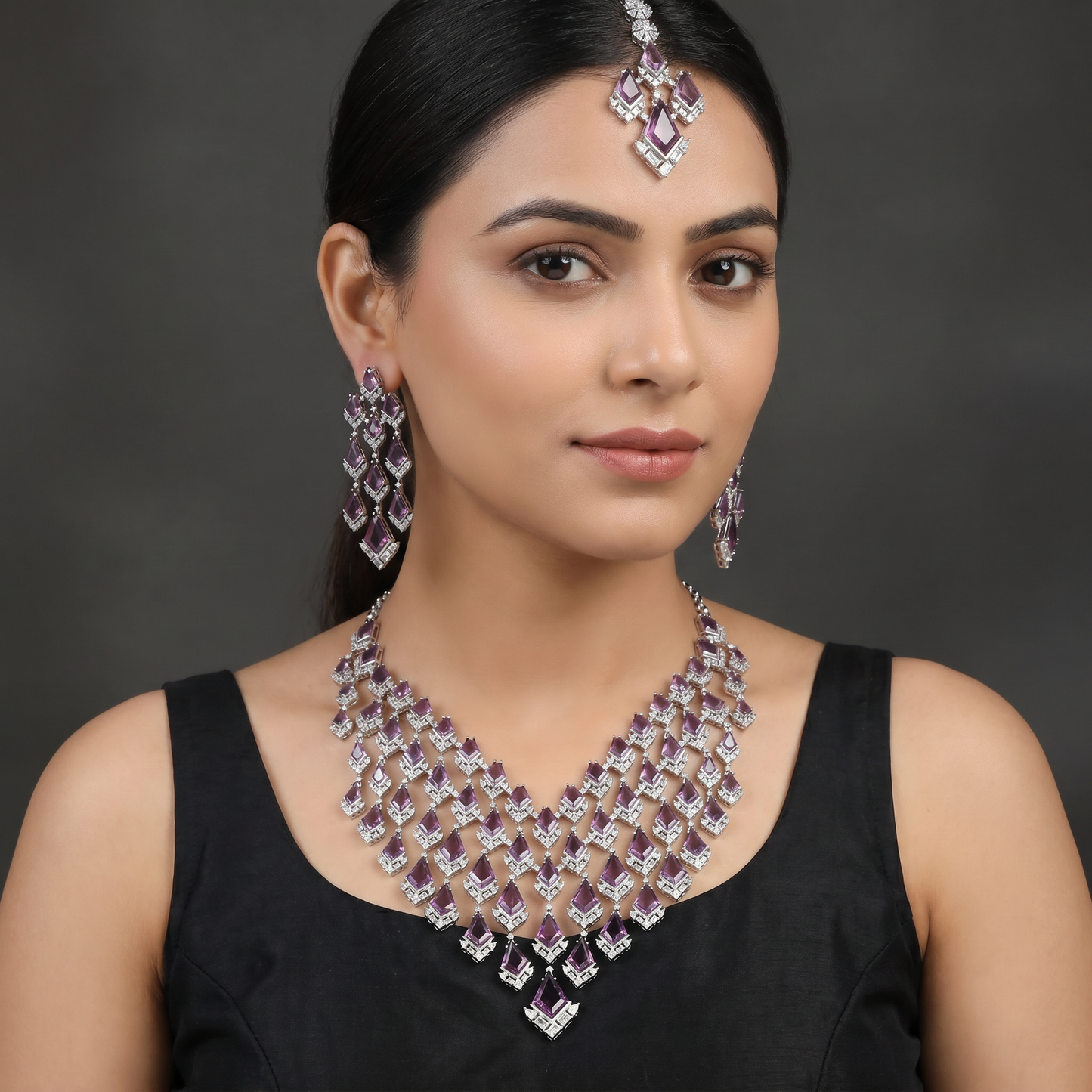 Chevron Style Rhodium Necklace Set with Statement Design