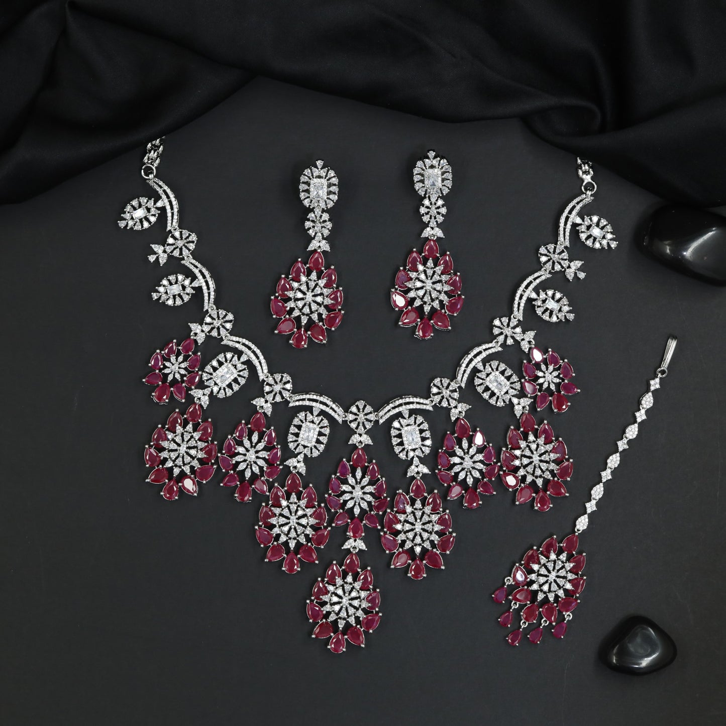 Floral Medallion Rhodium Necklace Set with Scalloped Silhouette