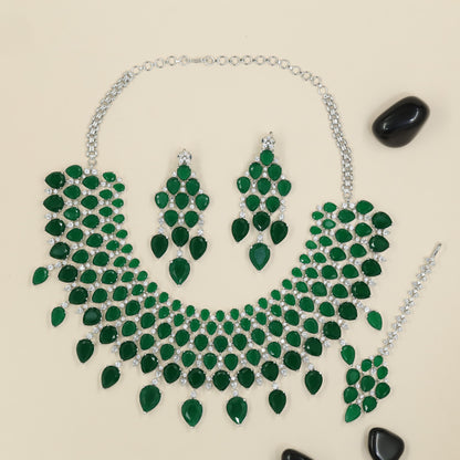 Broad Collar Rhodium Necklace Set with Teardrop Frame Accents