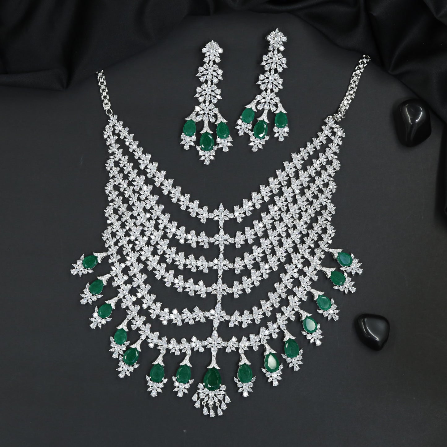 Multi Layer Rhodium Necklace Set with Ornamental Centre Motif