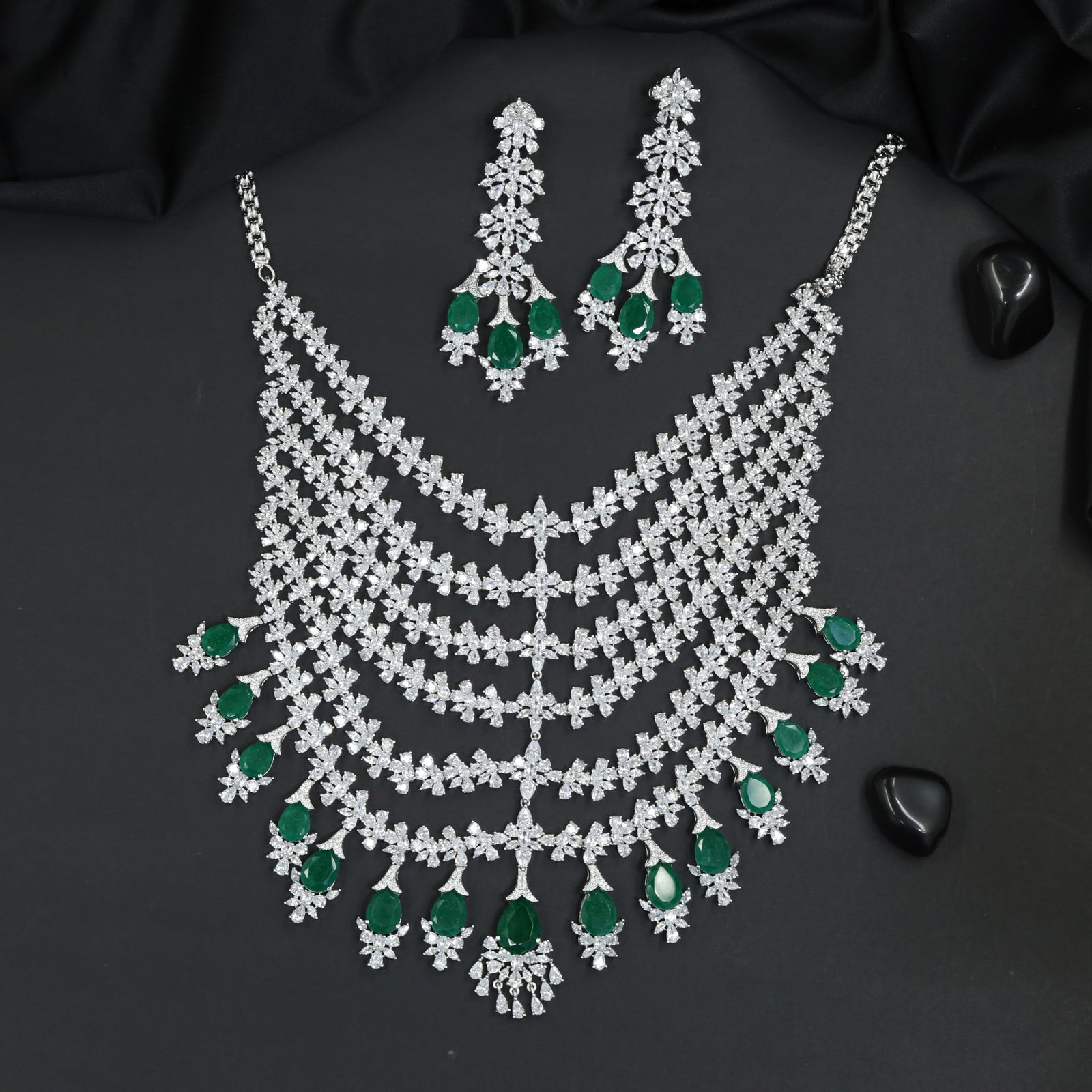 Multi Layer Rhodium Necklace Set with Ornamental Centre Motif