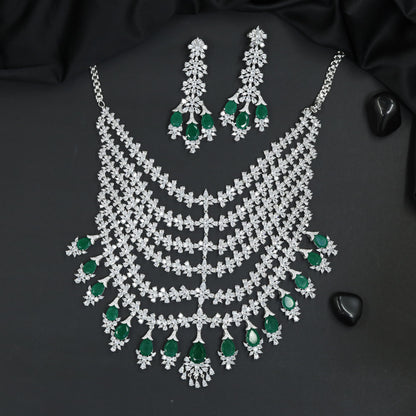Multi Layer Rhodium Necklace Set with Ornamental Centre Motif