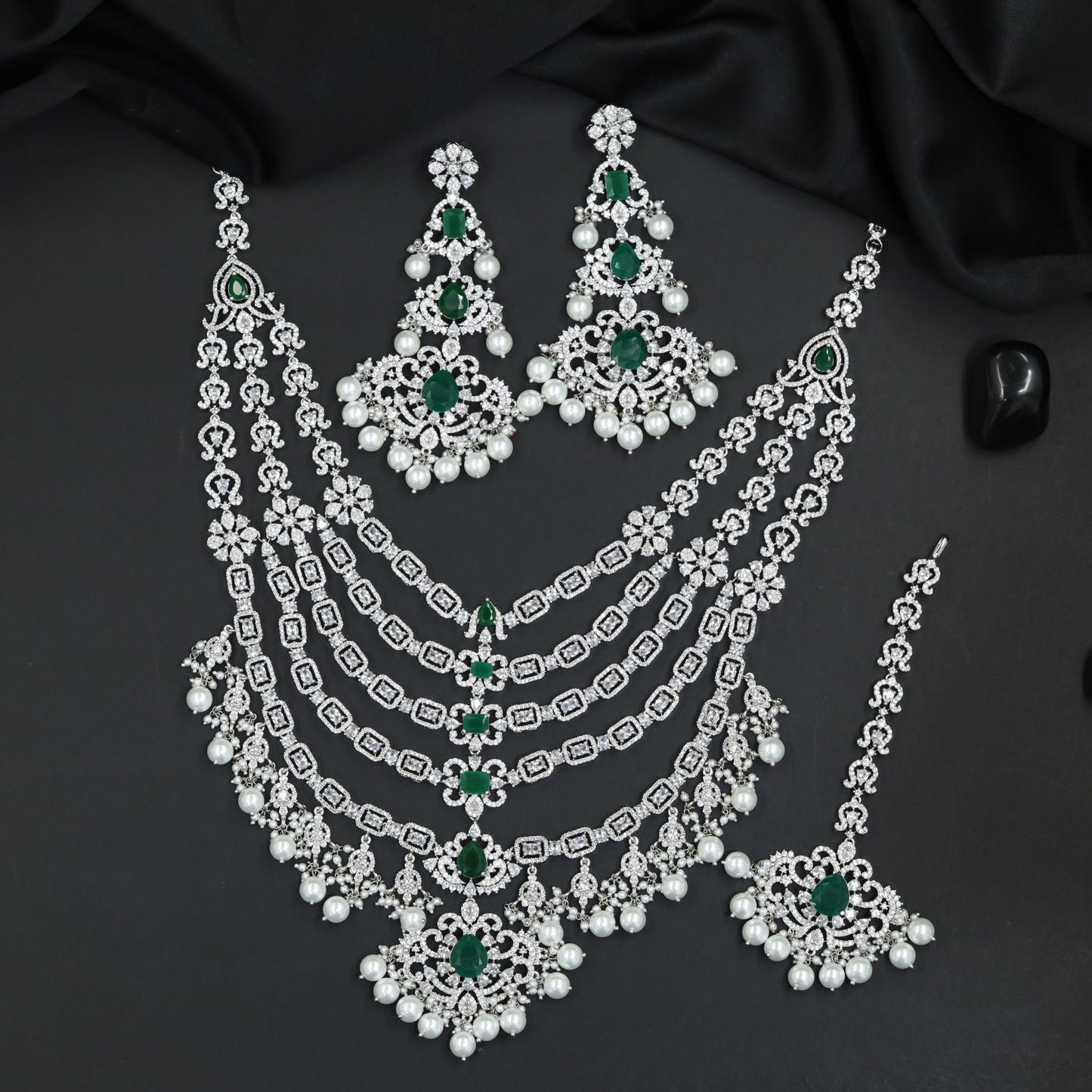Floral Medallion Rhodium Long Haara with Five Strand Arrangement