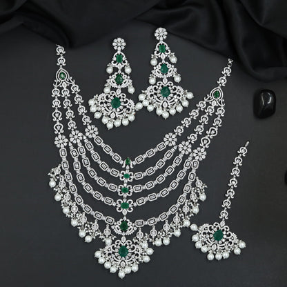 Floral Medallion Rhodium Long Haara with Five Strand Arrangement