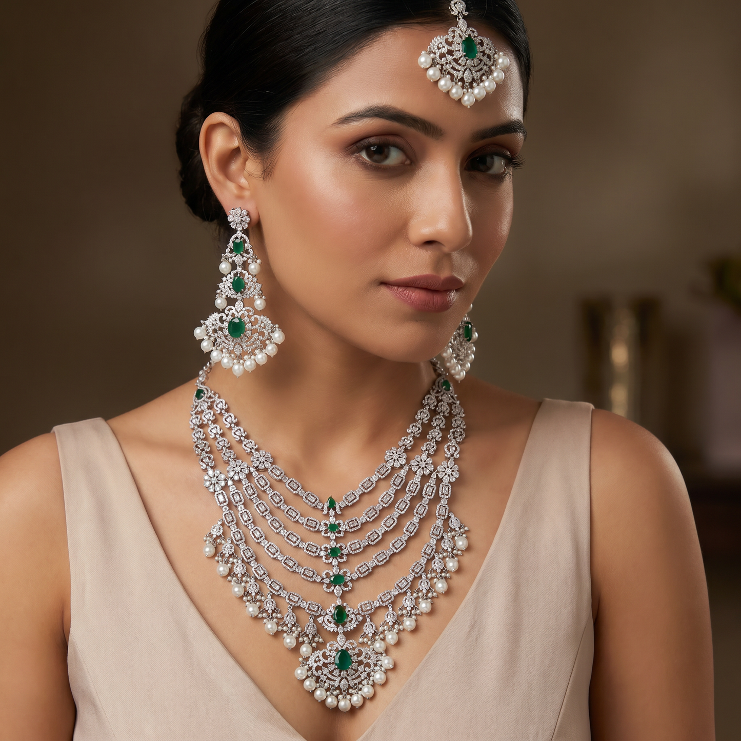 Floral Medallion Rhodium Long Haara with Five Strand Arrangement