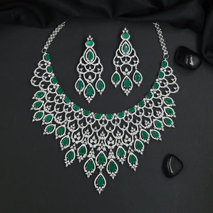 Grand Teardrop Rhodium Necklace Set with Coordinated Earrings
