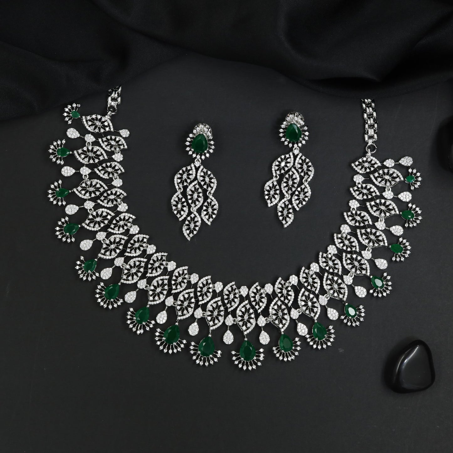 Botanical Motif Rhodium Necklace Set with Graduated Fringe Accents