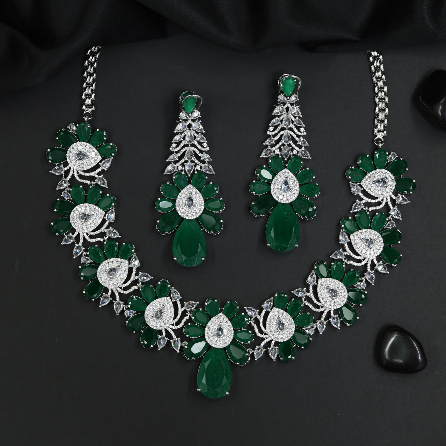 Rosette Pattern Rhodium Necklace Set with Statement Drops