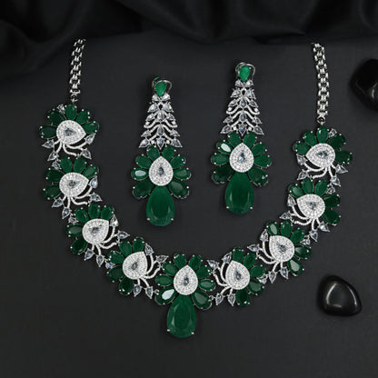 Rosette Pattern Rhodium Necklace Set with Statement Drops