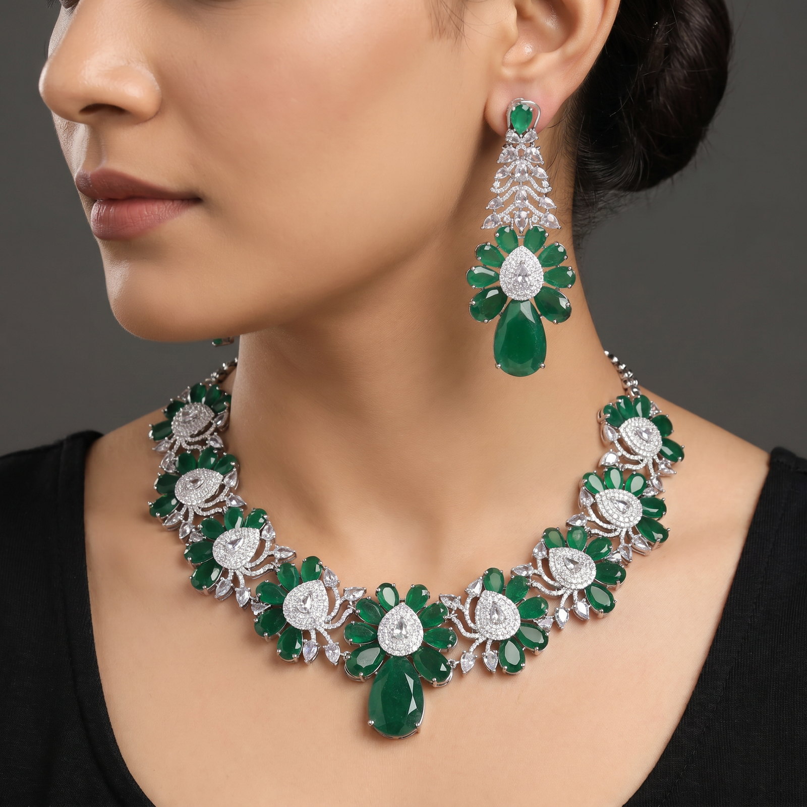 Rosette Pattern Rhodium Necklace Set with Statement Drops