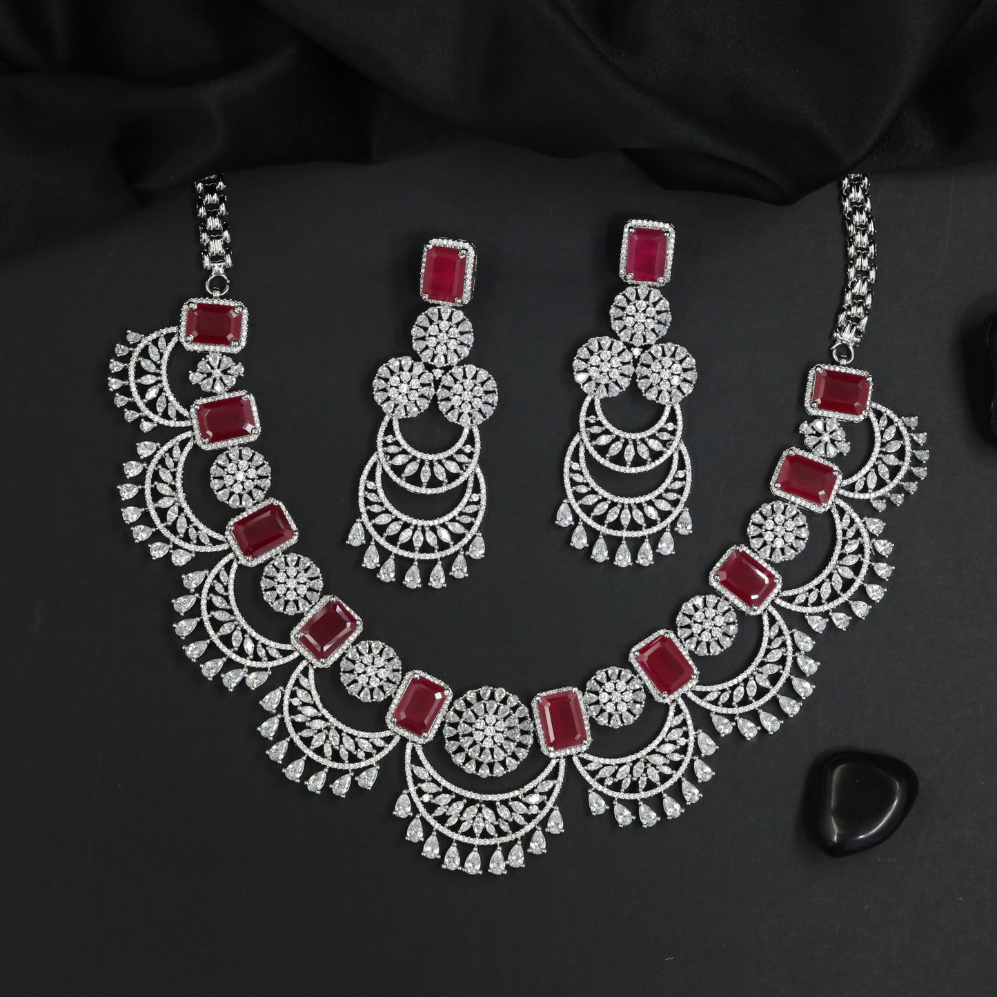 Rosette Motif Rhodium Necklace Set with Decorative Fringe
