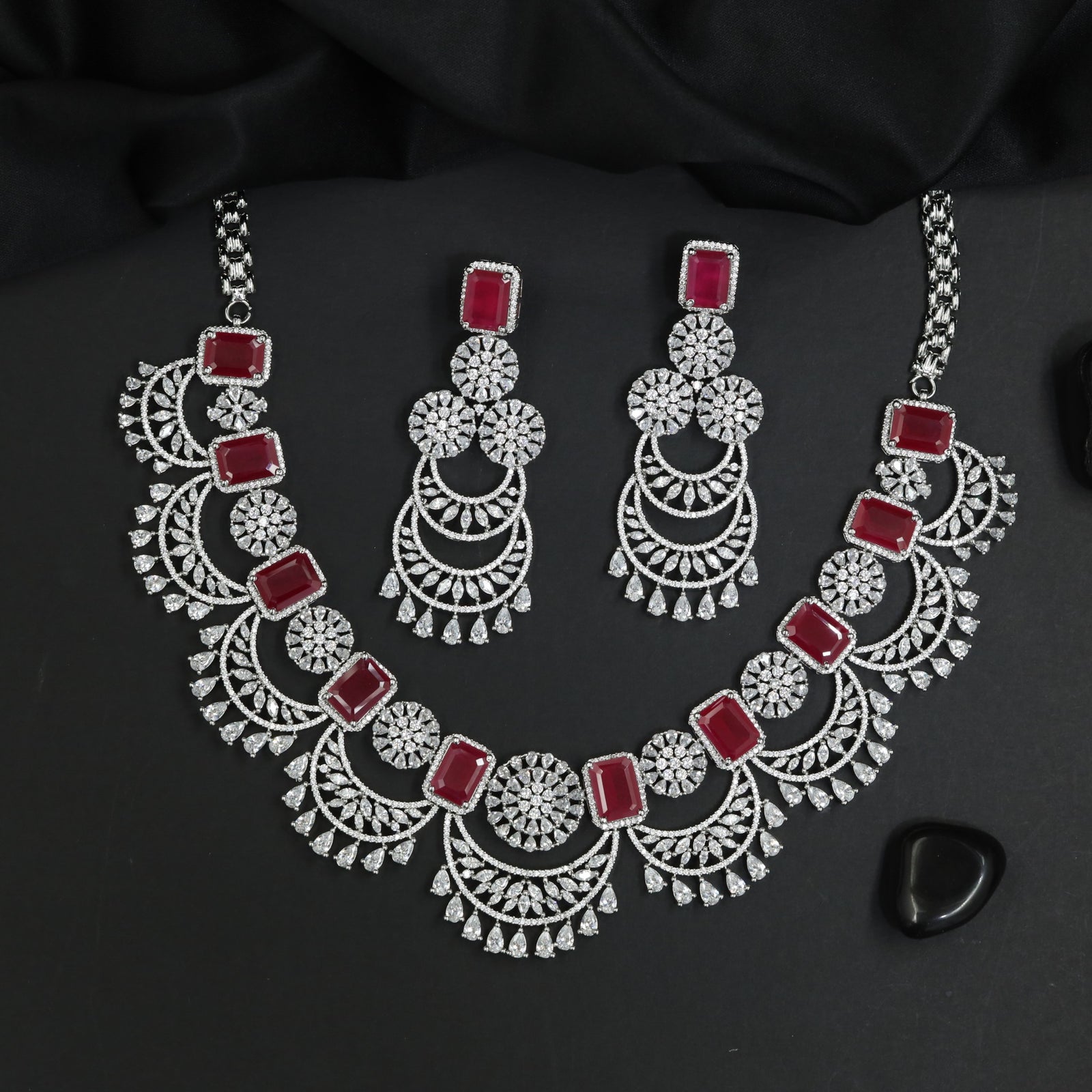 Rosette Motif Rhodium Necklace Set with Decorative Fringe